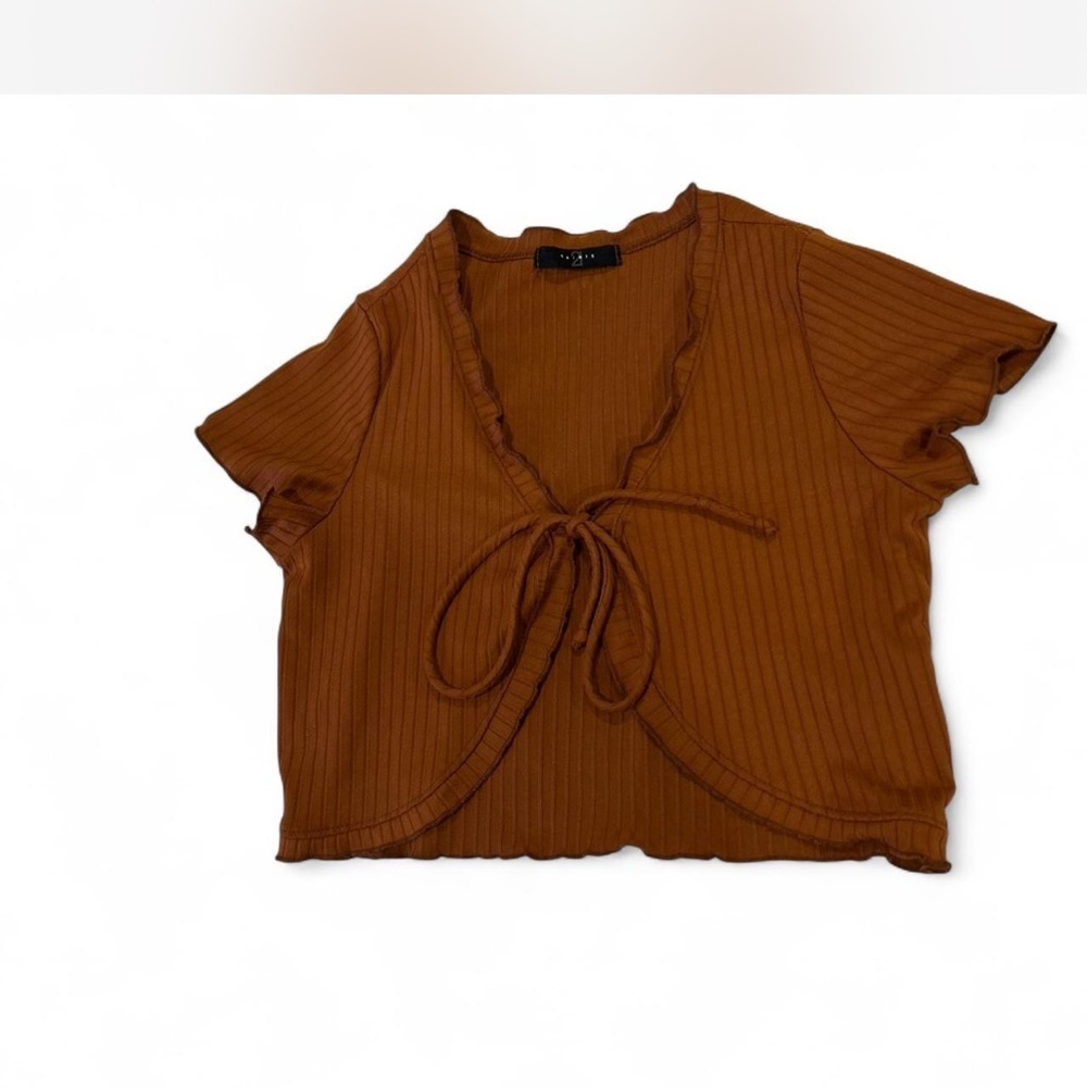 Cropped Tie Front Cardigan Burnt Orange Brown Ribbed Short-sleeved Size XS - Picture 3 of 6